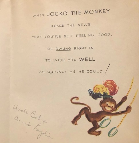 Tarjeta de felicitación de colección Get Well adorable pequeño mono Jocko se balancea para desearte lo mejor - Imagen 3 de 5