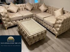Italian Chesterfield Corner Sofa In Mink With Big Footstool. Brand New