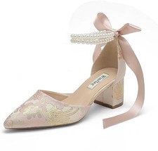 Satin Bridal Heels, Pink Pearl Strap Wedding Shoes, 2  Block Heel, Size 8