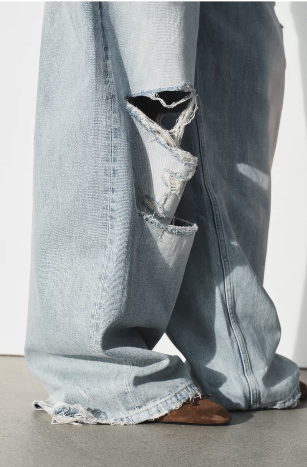 Zara TRF Folded Waist Mid-Rise Ripped Jeans Light Blue Wash image 7