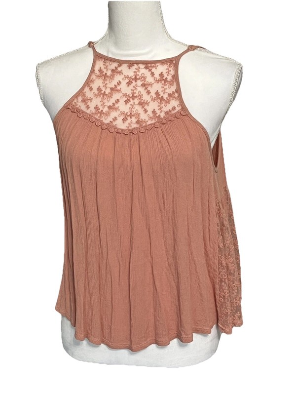 CLOVER + SCOUT Women's XS High Neck Halter Top Blouse Lace Salmon Color