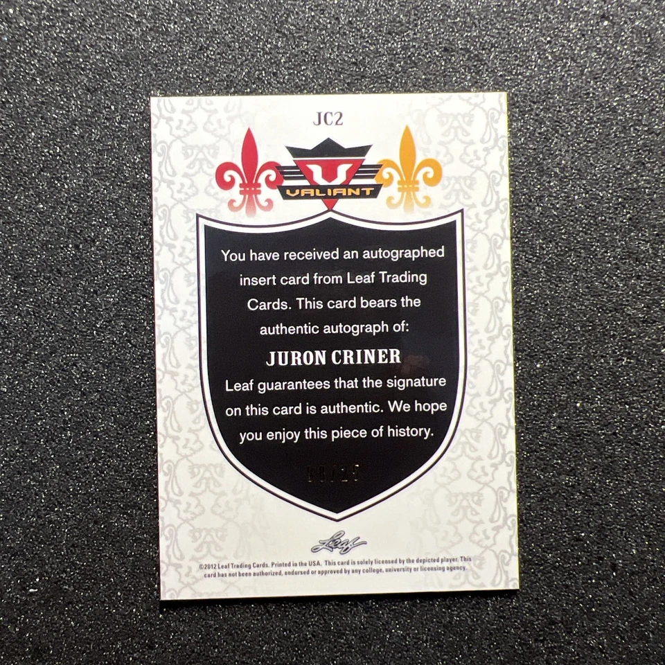 2012 Leaf Valiant JURON CRINER #JC2 Rookie AUTO - ARIZONA / NFL RAIDERS 08/25 B - Image 4 of 4