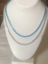 Set of 2 1 Row 4MM Necklace Silver Blue and Clear Solitaire 18-24'' Tennis Chain
