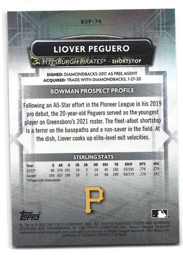 Liover Peguero 2022 Bowman Sterling #BSR-48 Magenta Refractor /75 Pirates - Picture 2 of 2