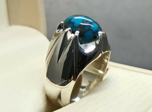 Anello stella uomo Feroza fatto a mano argento sterling 925 turchese egiziano naturale 6 ct - Foto 5 di 12