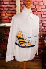 Chemise Vintage Originaire Des Années 70 En Coton Blanc Voilier Régate Disco