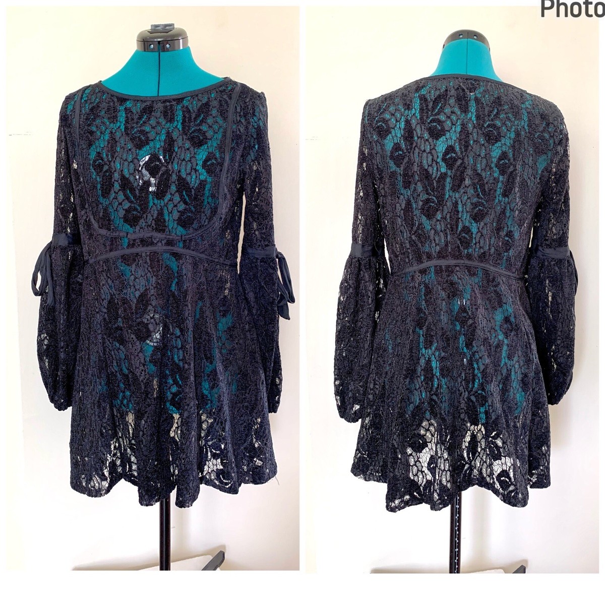 free people victorian lace dress Free People Black lace mini dress flowy boho gothic Victorian party Xsmall
