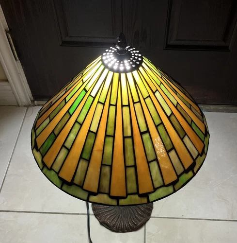 Large Arts Crafts Leaded Slag Glass Table Lamp Antique Tiffany Style Handel Ear