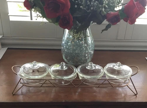 Vintage Serving Rack With Fire King Glass 8oz Bowls Set Of 4