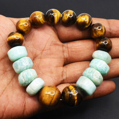277 Cts Natural Amazonite & Tiger Eye Stretchable Beaded Bracelet JK-27E341