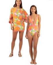 Trina Turk 14 L SET Playa De Flor Orange Floral 1 Pc Swimsuit  Tunic Cover Up