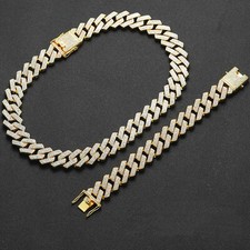 Men's 12MM 14K Gold Plated Iced CZ Out Miami Cuban Link Bracelet Chain Set