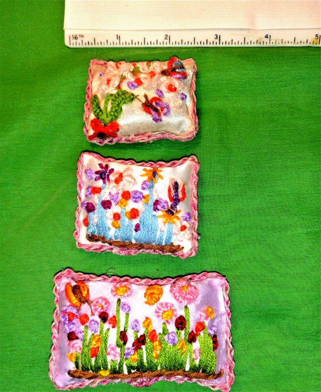 3 Hand Embroidered Toss Pillows/Cushions 1:6 Scale for Barbie. OOK