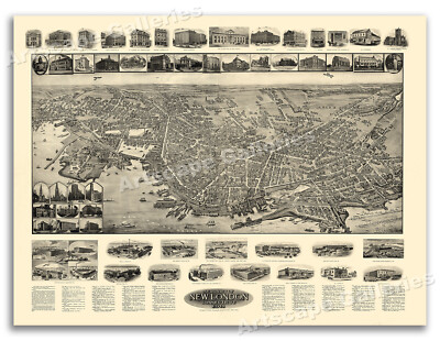 Bird's Eye View 1911 New London Connecticut Vintage Style City Map - 18x24