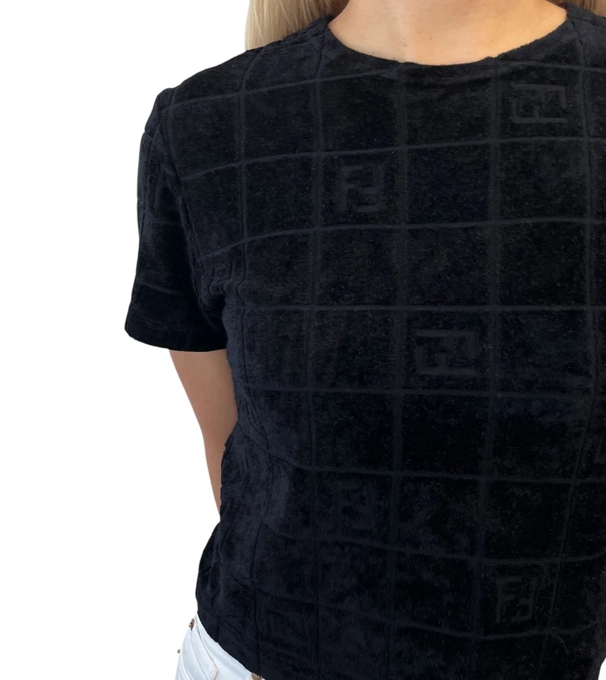 Camiseta FENDI Vintage FF Logo Terciopelo Manga Corta #46 Rayón Negra Foto 3 de 4