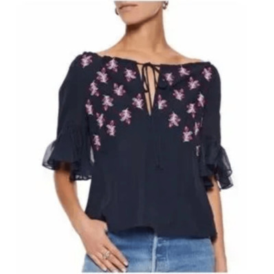 NWT Cinq A Sept Daria Split Neck Silk Blouse Navy Blue Small
