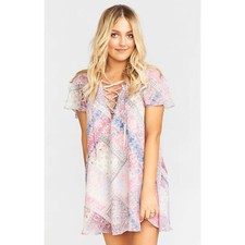 Show Me Your Mumu Kylie Lace Up Dress Size M Pink Blue Bandana Print Mini