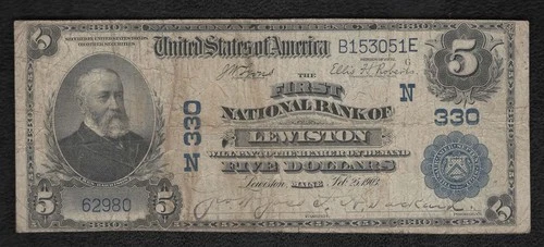 1903 $5 CH#330 The First National Bank Of Lewiston Maine "VG/F"