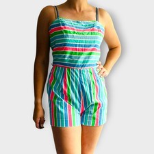 Sea Waves Romper Striped Neon Playsuit Swimsuit 1970s Vintage Size 12 Small 