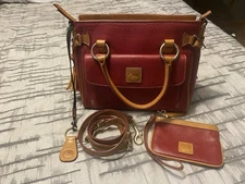 Dooney & Bourke Red  Pocket Satchel handbag,  Coin, Key Ring Tassel, Leather 