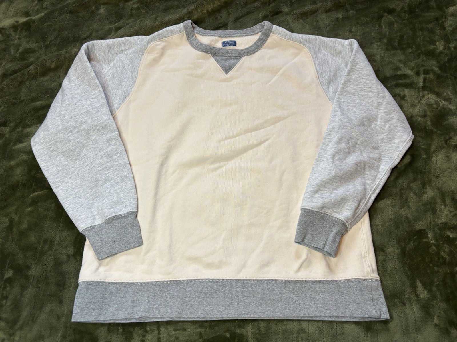 J Crew Vintage Fleece Sweater Mens XL Cream Gray Crewneck Sweatshirt Colorblock