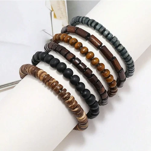 6PCS Wodeen Braided Wrap Leather Bracelet for Men Vintage Life Wood Beads Fashio - Picture 4 of 13