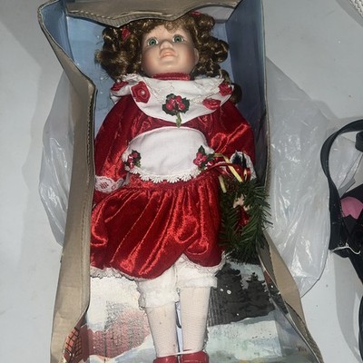Porcelain Doll Red  Hair Curls Green eyes Christmas Porcelain Collector doll 12 
