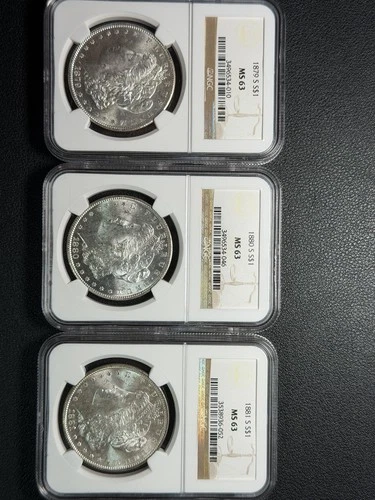 Lot Of 3 Morgan Silver Dollar Coins. 1879s/1880s/1881s. NGC MS63