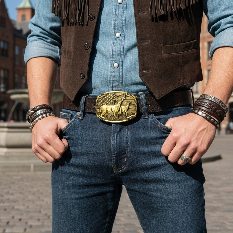 Neuf Hommes or Antique Métal Boucle Ceinture Cerf Hunter Ouest Mode Accessory US - Photo 4/4