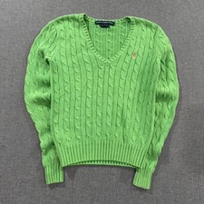 Vintage 90s Women's Ralph Lauren Sport Sweater V Neck Cable Knit Green Small