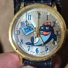 Vintage Star-Kist Charlie Tuna Cartoon Dial Quartz Watch Gold Case Black Leather