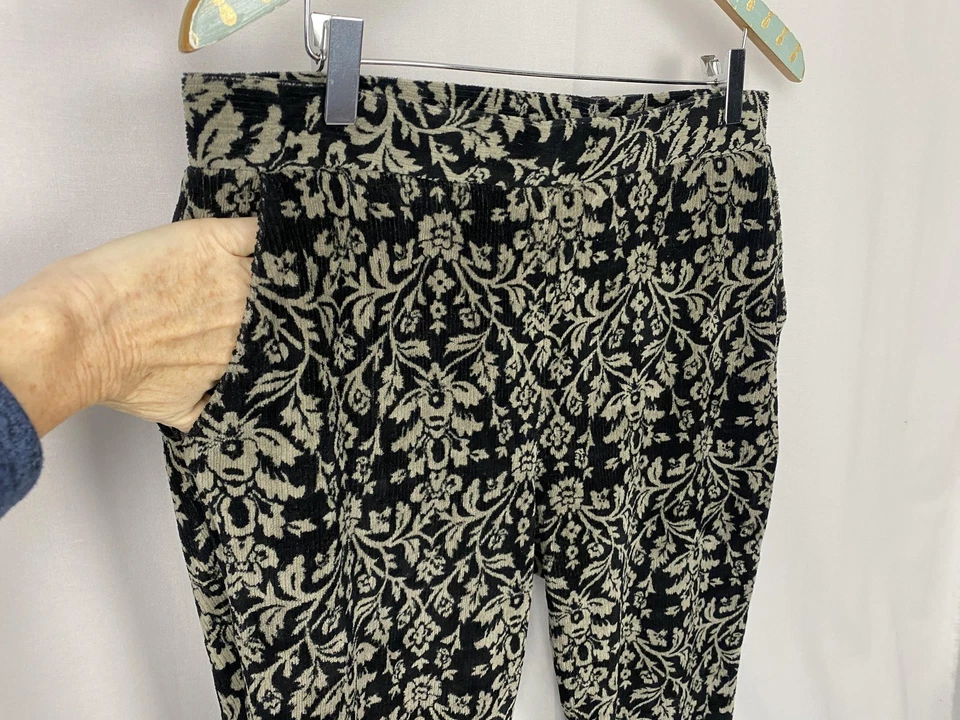 Lands End Sport Knit High Rise Corduroy Legging Womens Large Black Velour Floral - Image 2 of 4