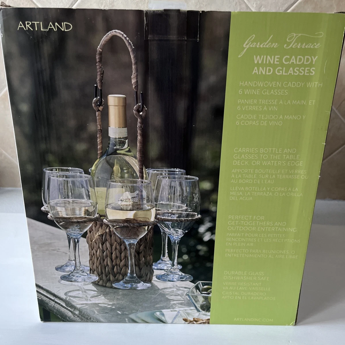 New In Box Artland Garden Terrace 6 Wine Glass Hand Woven Hyacinth Carrier