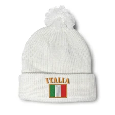 Pom Pom Beanies for Women Italia Flag Embroidery Winter Hats for Men Skull Cap