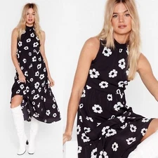 NASTY GAL Women’s Get Down Tonight Floral Midi Dress Black Floral 8 Ruffle Retro