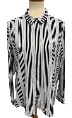 H&M women's basic shirt striped navy blue long sleeve collared top