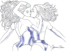 POISON IVY AND HARLEY QUINN KISS ORIGINAL COMIC ART 22 ON CARD STOCK