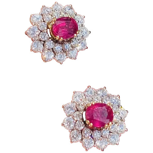 Vintage Estate 18k Gold 4ct Ruby Diamond Double Halo Stud Drop Earrings ...