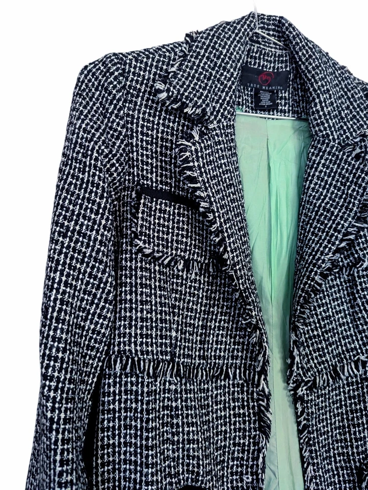 Abrigo Vintage True Meaning Largo Tweed Blanco y Negro Tejido Bolsillos con Flecos Talla 0 Foto 3 de 4