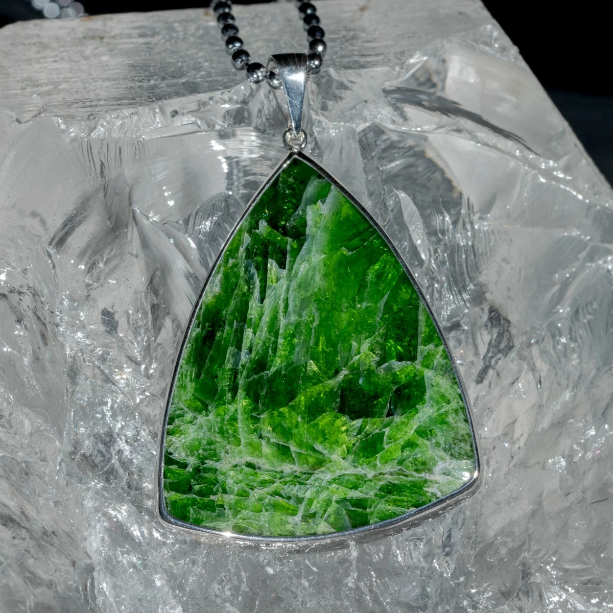 Chromian Diopside silver pendant.Rare Russian Diopside necklace from Yakutia