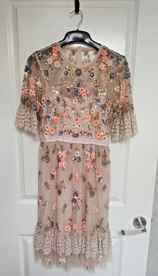 Needle & Thread Floral Embellished Midi Dress Nude Sequin Beaded UK 6 / EU 34