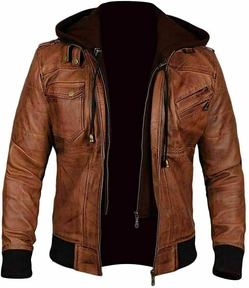 Chaqueta con Capucha Para Hombre Cuero Genuino Motocicleta Bombardero Marrón Encerado De Colección