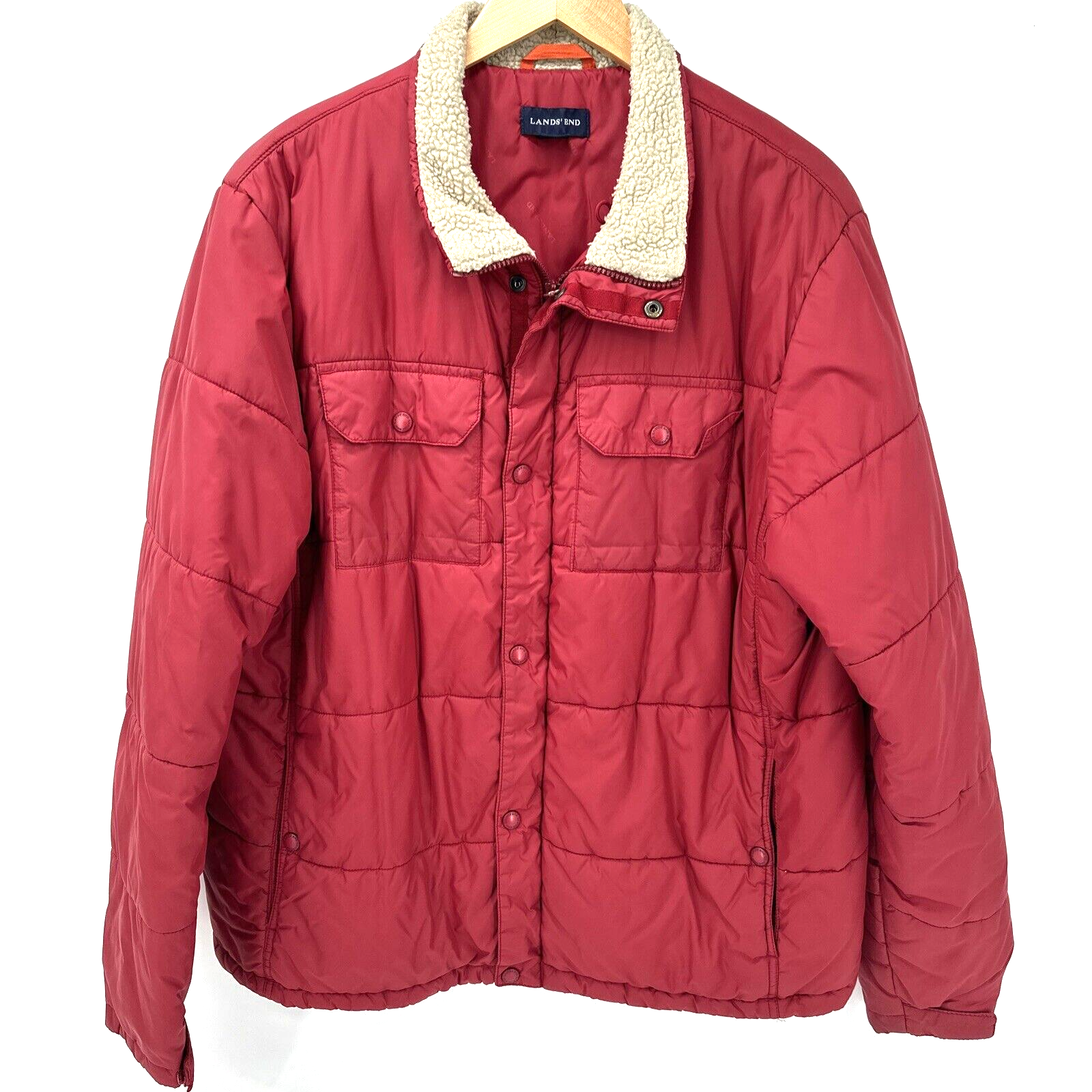 Lands End Jacket Mens Large Puffer Nylon Full Zip Snap Red Sherpa Collar Outdoor