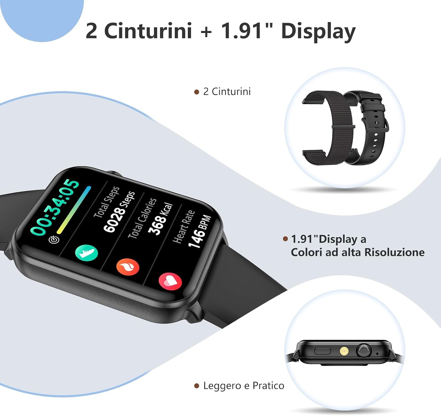 Smartwatch 2 Cinturini Unisex Bluetooth Chiamate LED Torcia Fitness Android IOS foto 2