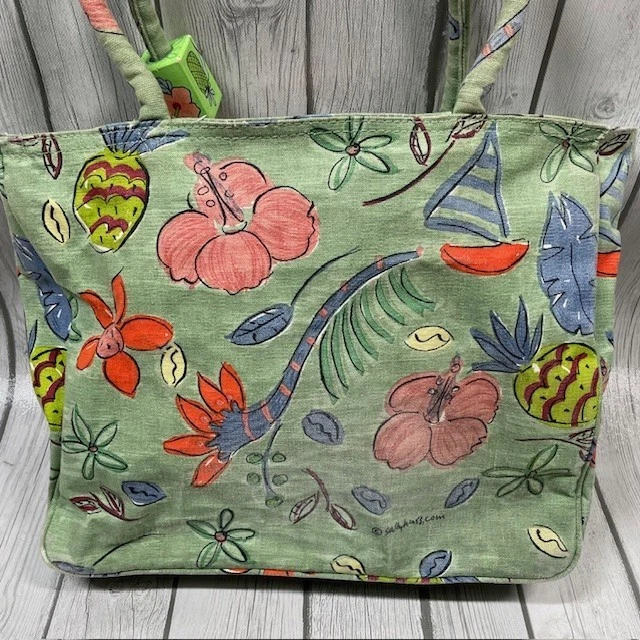 Bolso de Playa Sally Huss Lona Verde Pintado y Cuentas Tropical de Hombro 16"x13 Foto 2 de 4