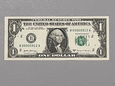 3 DIGIT LOW SERIAL NUMBER $1 BILL 00000912 (CIRCULATED) BIRTHDAY SEPTEMBER 12th
