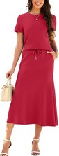 Women's Two Piece Sets Short Sleeve Top Fishtail Midi Skirts Pockets Lounge Set