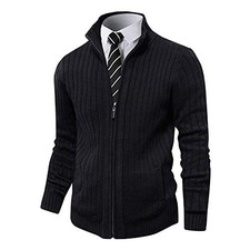 Men's Cardigan Sweaters Full Zip Up Stand Collar Slim Fit Casual Small Black