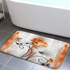 Rustic Farmhouse Bath Rug, Farm Orange Daisy Floral Flowers and Butterfly on ...