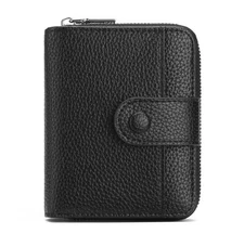 Small Black Leather Women's Wallet Bifold Zipper Pocket Wallet w/ ID Window